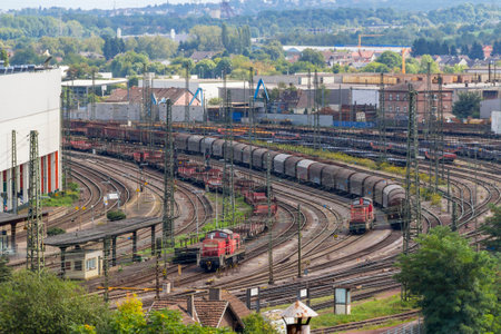 high angle view showing the railway station in Voelklingen, a town in the district of Saarbruecken in the Saarland in Germanyのeditorial素材