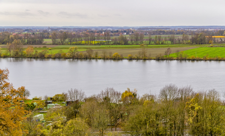 high angle scenery around Danube river near Regensburg in Bavaria in Germany at autumn timeの写真素材