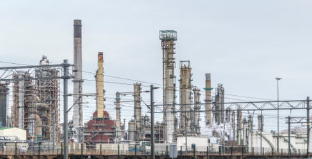 industrial roadside scenery including fabrics and refineryのeditorial素材