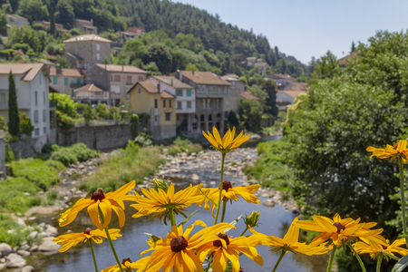 Sunny scenery around Vals-les-Bains, a commune in the Ardeche department located at the Volane river in southern Franceの写真素材