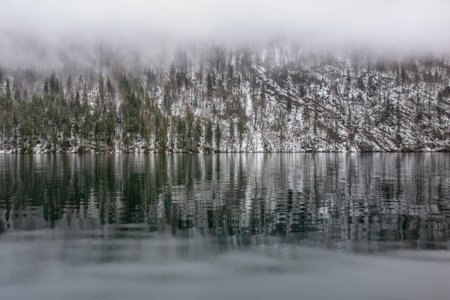 riparian scenery at a lake named Koenigssee located in the Berchtesgadener Land in Bavaria (Germany) at winter timeのeditorial素材