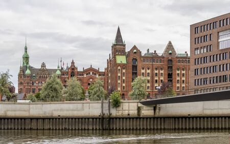 waterside city view at the Speicherstadt in Hamburg at summer time