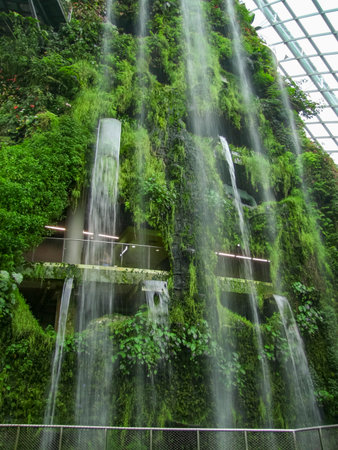 waterfalls at a nature park named Gardens by the Bay in Singaporeのeditorial素材