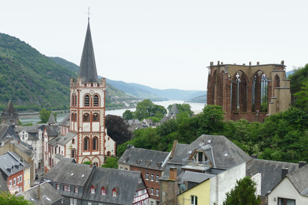 aerial view of Bacharach, a town in the Mainz-Bingen district in Rhineland-Palatinate, Germanyの写真素材