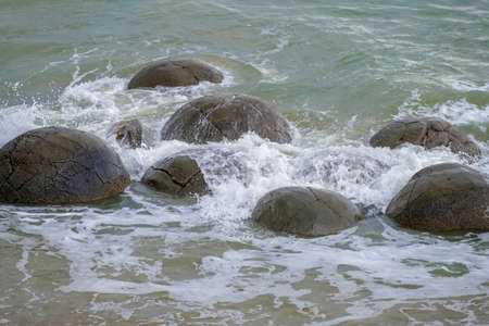 The Moeraki Boulders at Koekohe Beach in New Zealandの写真素材