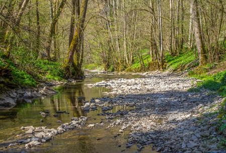 Idyllic scenery at river Kupfer in Hohenlohe, an area in Southern Germany at early spring timeの写真素材