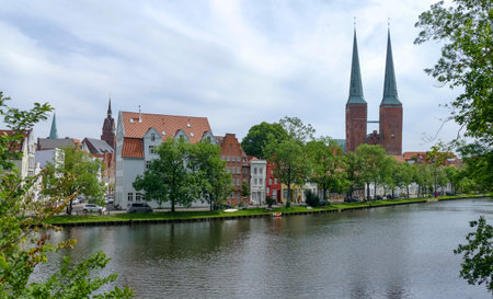 Waterside scenery at the Obertrave in Luebeck, a city in Northern Germany