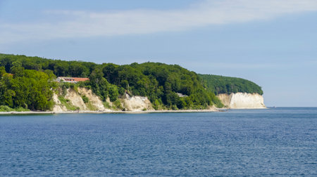Sunny scenery around the chalk cliffs at the island of Ruegen in Germanyの写真素材