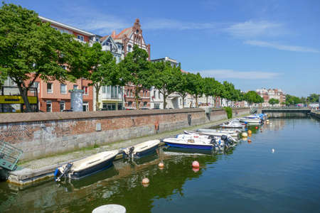 Sunny scenery around the Langenkanal at Stralsund, a Hanseatic City in Northern Germany