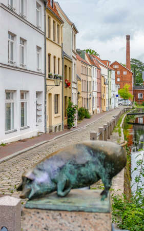 Old town scenery around the Schweinsbruecke in Wismar, a Hanseatic city in Northern Germanyの写真素材