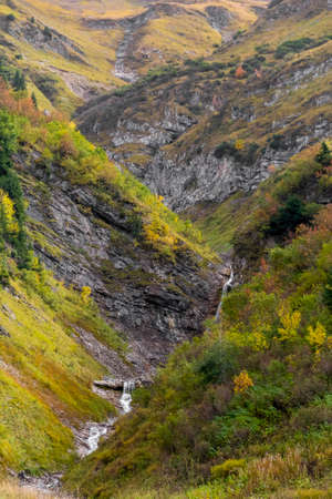 Idyllic scenery around river Lech at the state Vorarlberg in Austria at late summer timeの写真素材