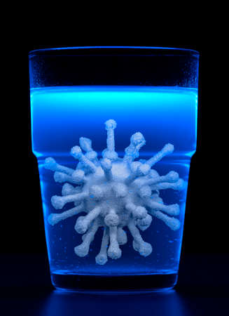 a fluorescent illuminated drink including a symbolic virus in dark backの写真素材