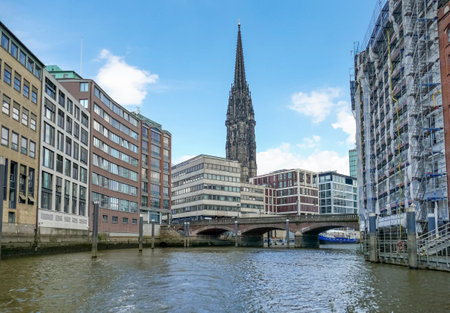 Scenery around a canal named Nikolaifleet in Hamburg, Germanyの写真素材