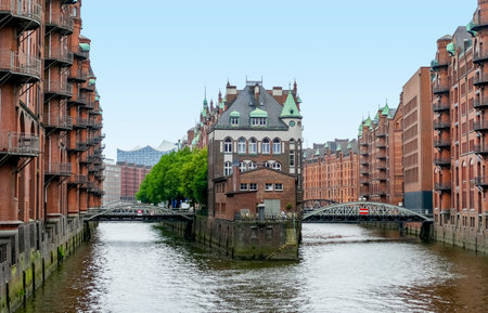 Impression of the Speicherstadt, a historic warehouse district in Hamburg, Germanyの写真素材