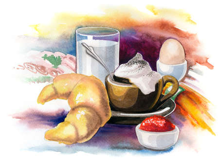 Watercolor illustration showing a breakfast scenery in colorful backの写真素材