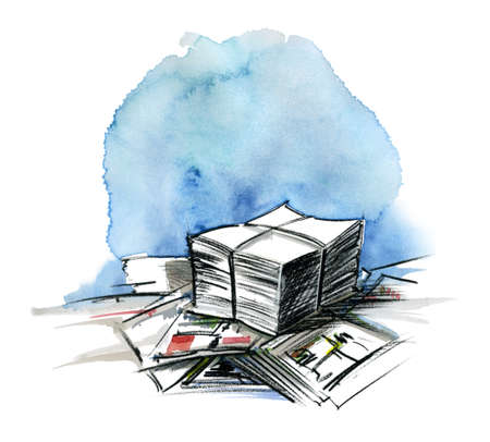 Watercolor and crayon illustration showing some scrap paperの写真素材