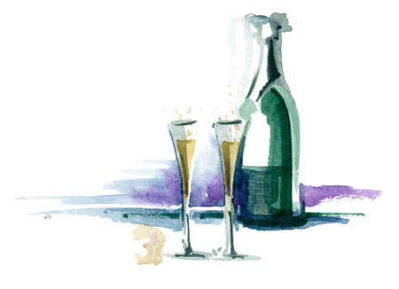 Watercolor illustration showing a bottle of sparkling wine and two champagne glassesの写真素材