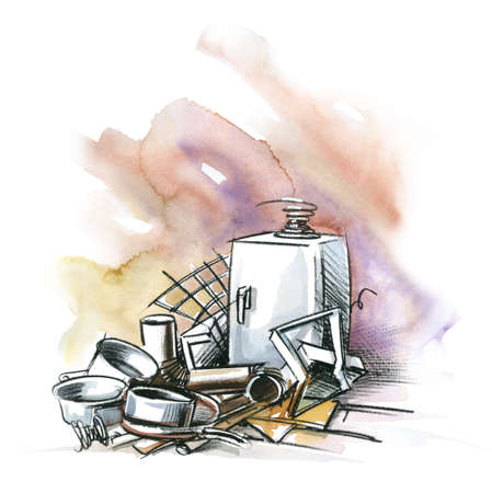 Watercolor and crayon illustration showing some scrap metalの写真素材