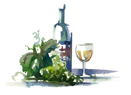 Watercolor illustration of a green wine grape with leaves and wine bottle in white backの写真素材