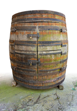 Weathered historic barrel cabinet gradient isolated in white backの写真素材