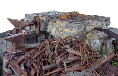 Medieval forge scenery including lots of scrap metal isolated in white back