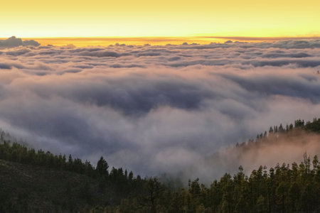 Clouded scenery around the Teide National Park at Tenerife, Canary Islands, Spain, at evening timeの写真素材