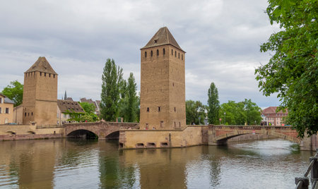 Waterside scenery around Ponts Couverts in Strasbourg, a city at the Alsace region in Franceの写真素材