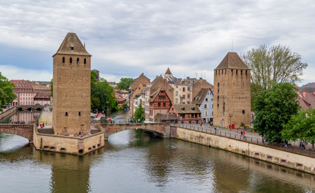 Waterside scenery around Ponts Couverts in Strasbourg, a city at the Alsace region in Franceの写真素材