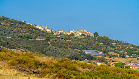 Small village on hilltop lakes in Liguria, Italy