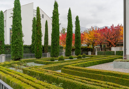 Ornamental garden seen in Vaduz, the capital city of Liechtenstein at autumn timeの写真素材