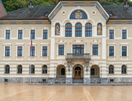 Frontal shot of the government building in Vaduz, the capital city of Liechtenstein at autumn timeの写真素材