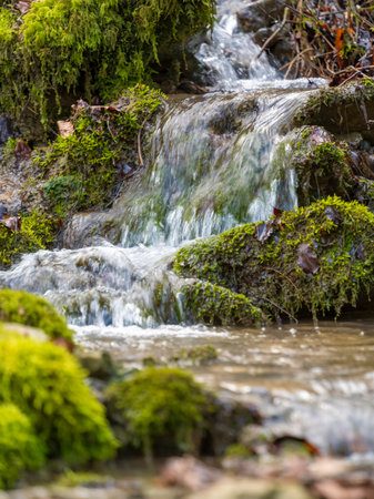 Closeup shot of a small rivulet with some cascades in early spring timeの写真素材