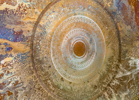 Full frame abstract closeup shot of a colorful metallic asian gongの写真素材