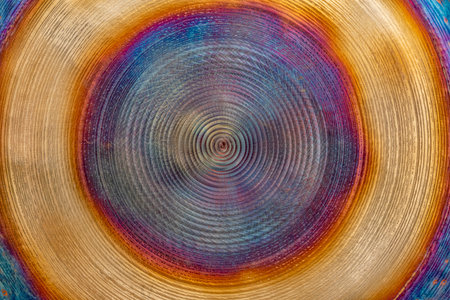 Full frame abstract closeup shot of a colorful metallic asian gongの写真素材