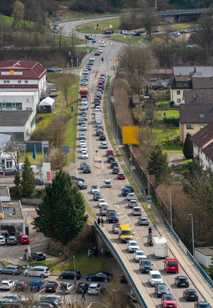 High angle shot showing a street with lots of cars in Lorch, a town in the Ostalbkreis district in Germanyのeditorial素材