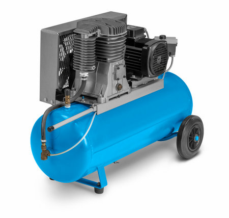Blue air compressor isolated in white back with shadowの写真素材