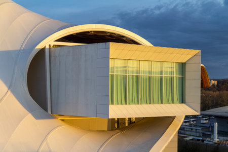 Sunny illuminated architectural detail seen at the Center Pompidou-Metz, a museum of modern and contemporary art in Metz, a city in the Lorraine region in France at evening timeのeditorial素材