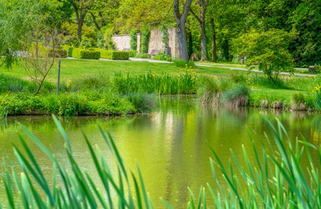 Spring time scenery including a lake around a park in Ãhringen, a town in the Hohenlohe district in Southern Germanyの写真素材