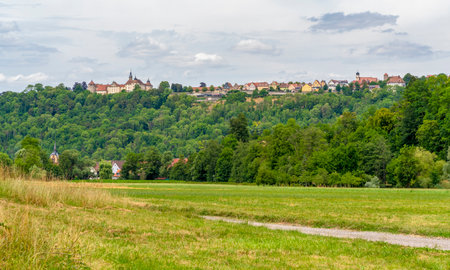 Panoramic summertime scenery around Langenburg and Baechlingen in the Schwaebisch Hall district in Southern Germanyのeditorial素材