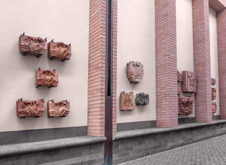 Architectural detail including some historic fragments seen in Frankfurt am Main, a city in the German state of Hesseの写真素材