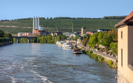 Riparian scenery in Wuerzburg, a city in the Franconia region of Bavaria in Germanyの写真素材
