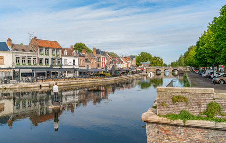Impression around Quai Belu on the banks of the Somme in Amiens, a city and commune in northern France. It is the capital of the Somme department in the region of Hauts-de-Franceの写真素材