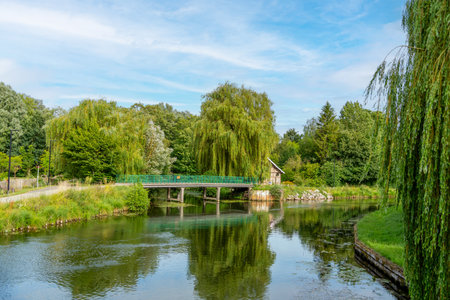 Scenery around the Hortillonages in Amiens, a city and commune in northern France. It shows an idyllic park scenery named floating gardens of Amiens in sunny ambiance at summer timeの写真素材