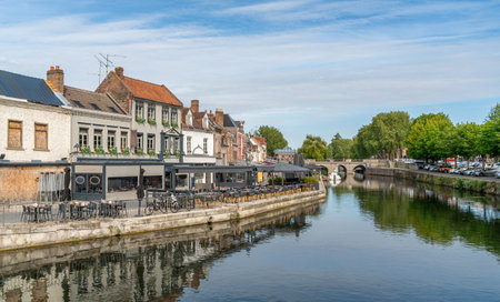 Impression around Quai Belu on the banks of the Somme in Amiens, a city and commune in northern France. It is the capital of the Somme department in the region of Hauts-de-Franceの写真素材