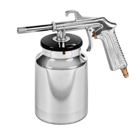 Spray gun with paint bottle in white backの写真素材