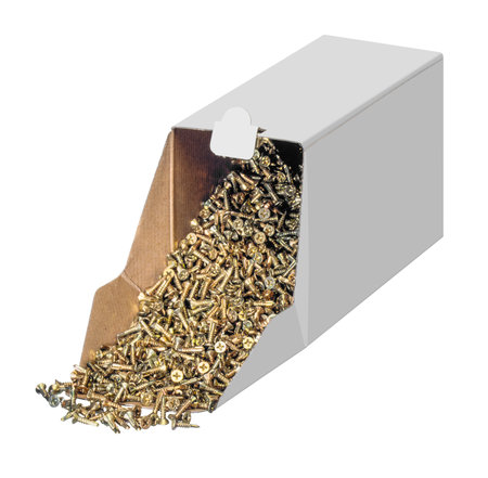 Lots of metallic screws in a tipped over cardboard boxの写真素材