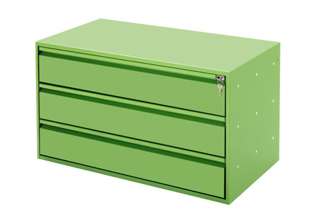 Green cabinet made of metal with some lockable drawers isolated in white backの写真素材