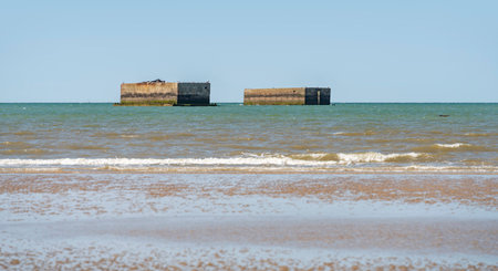 Scenery at Gold beach near Arromanches-les-Bains which was one of the five areas of the Allied invasion of German-occupied France in the Normandy landings on 6 June 1944の写真素材