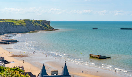 Scenery at Gold beach near Arromanches-les-Bains which was one of the five areas of the Allied invasion of German-occupied France in the Normandy landings on 6 June 1944の写真素材