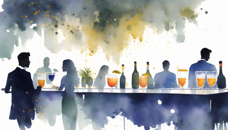 AI generated image showing a couple and some other people at the counter in a cocktail bar, watercolor style with splashes and spotsの素材